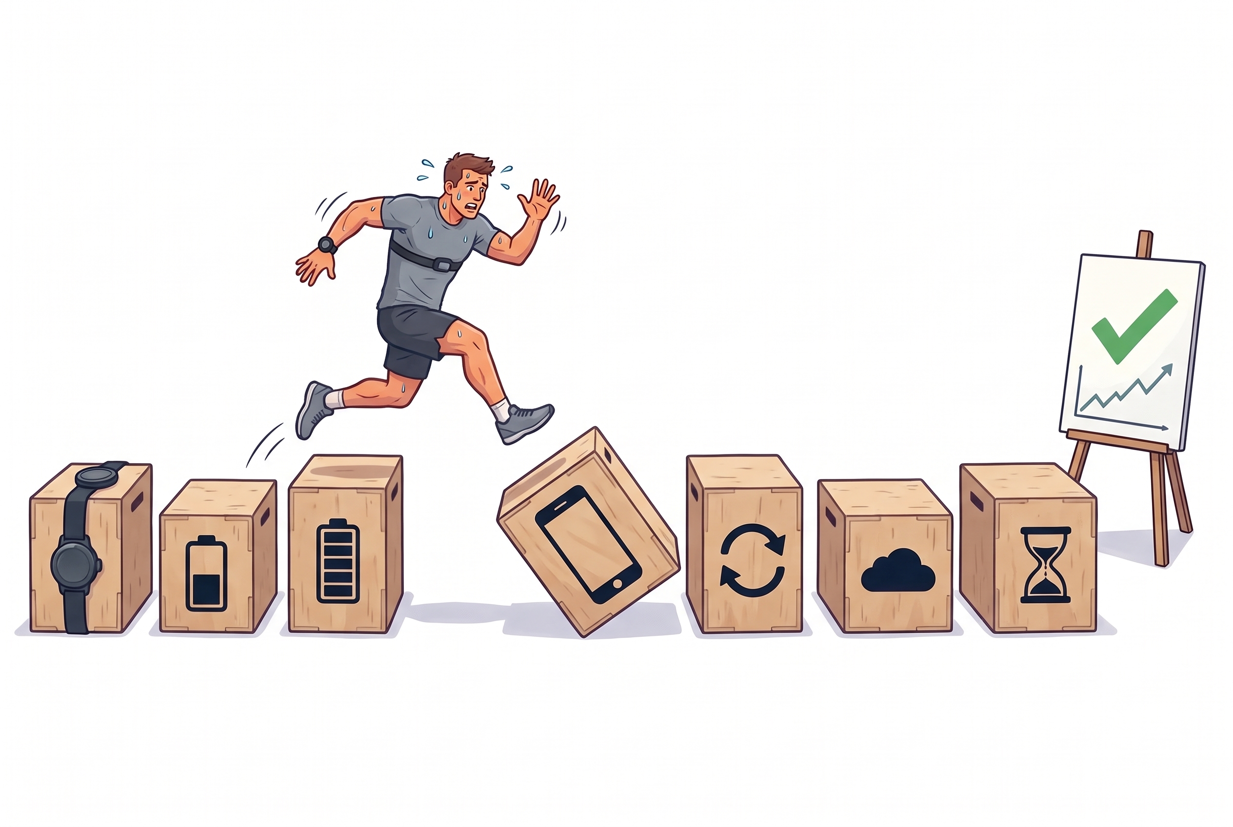 Illustration of a CrossFitter jumping between plyo boxes marked with sensor, battery, phone, sync, upload, and wait symbols toward a chart on an easel.