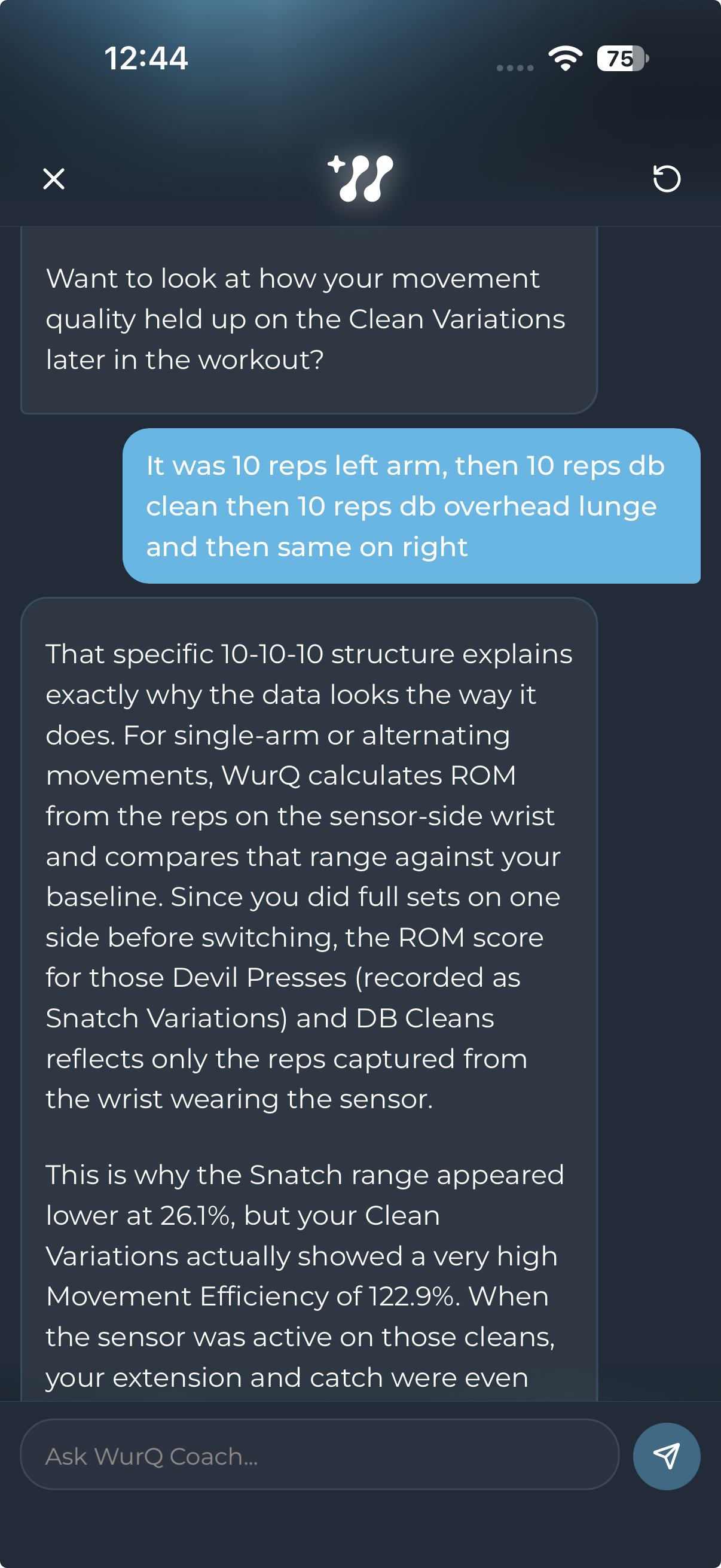 WurQ Coach explaining that range-of-motion scores for single-arm movements come from the wrist wearing the sensor.