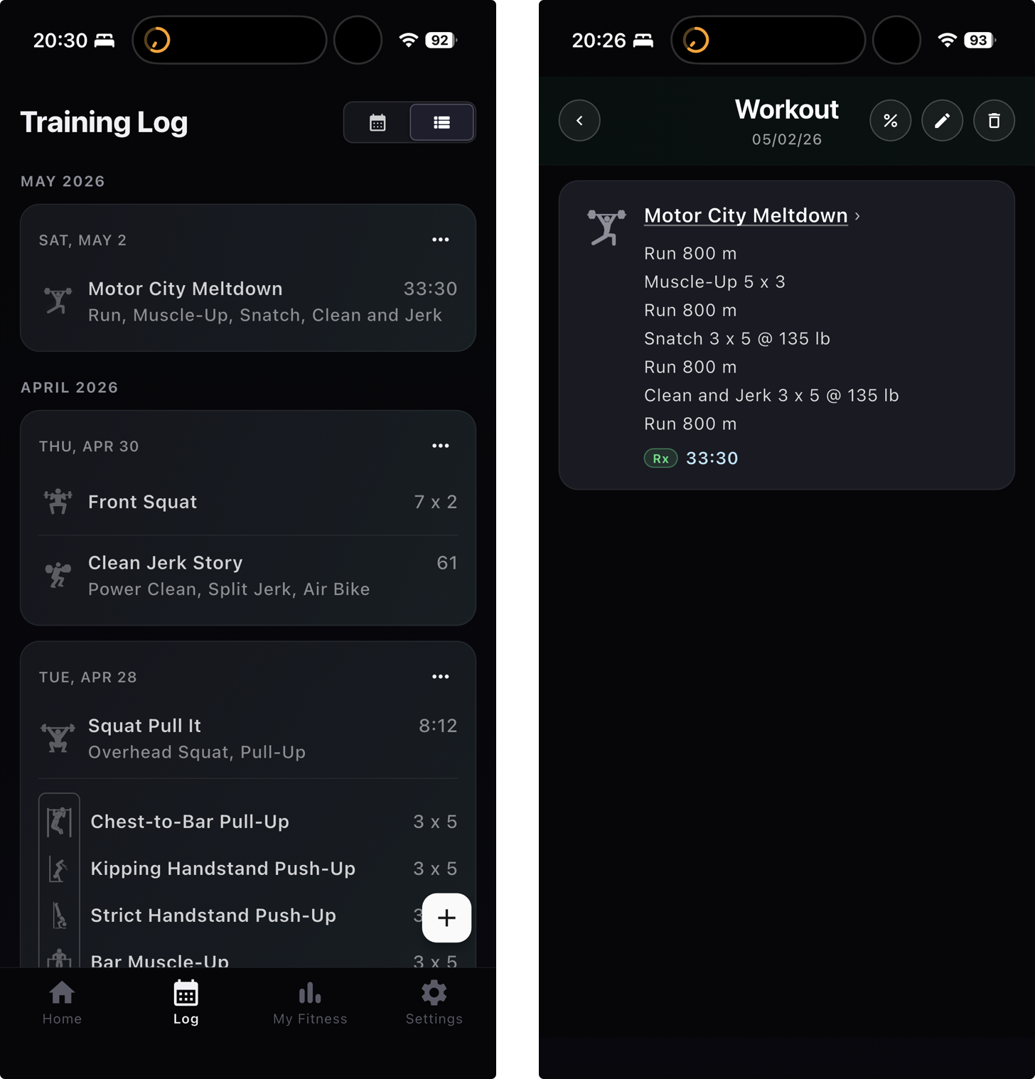 The training log and one logged WOD, May 2026.